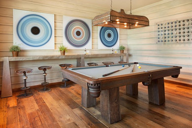 Family room - rustic medium tone wood floor family room idea in DC Metro with no fireplace