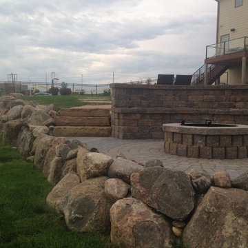 Belgian Block Seating Wall, Granite Boulder Retaining Wall, Paver Patio