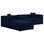 Meridian Furniture - Cube Upholstered Modular Sectional, Navy, 4-Piece: 1 Armless Chair, 2 Corner Chair, 1 Ottoman, Linen Texured Fabric - Treat yourself to some long overdue "me time" when you're seated on this Cube 4-Piece Modular Sectional. This beautiful modular unit is both eye-catching and elegant, features durable linen textured upholstery in a soft navy color that meshes well with nearly any existing color scheme. Pair this modular Sectional with other items in the same collection to create an unlimited number of combinations and enjoy the custom seating arrangement of your dreams. Latches underneath make it easy to attach pieces to one another.