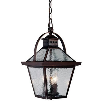 16" Tall Bronze Outdoor Hanging Lantern-Light, Hammered Water Glass Panels