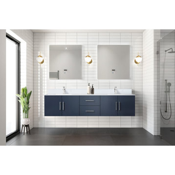 Geneva Bath Vanity, Navy Blue, 80", White Quartz, Vanity, Countertop, and Sink