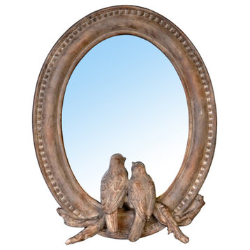 Brown Oval Mirror with Birds Sculpture 7.5x9.5"