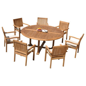 8-Piece Outdoor Teak Dining Set: 72" Round Table, 7 Leveb Stacking Arm Chairs