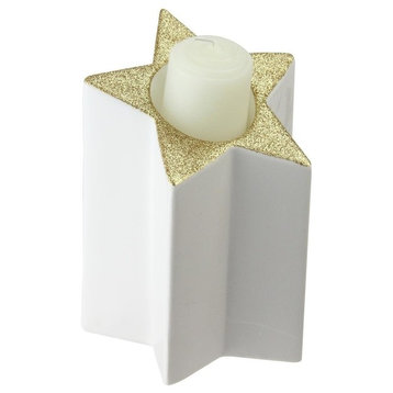 6.25" White and Gold Colored Star Shaped Glittered Tea Light Candle Holder