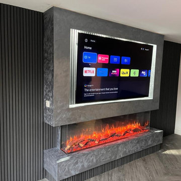 1900 Mediawall Electric Fire with Grey Cladding and Textured Paint Wall