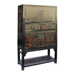 Chinese Distressed Brown People Scenery Graphic Storage Wardrobe Cabinet - Accent Chests And Cabinets