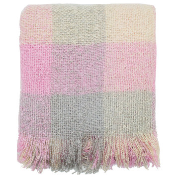 Cozy Faux Mohair Plaid Fringed Throw Blanket - 50" W x 60" L, Pink