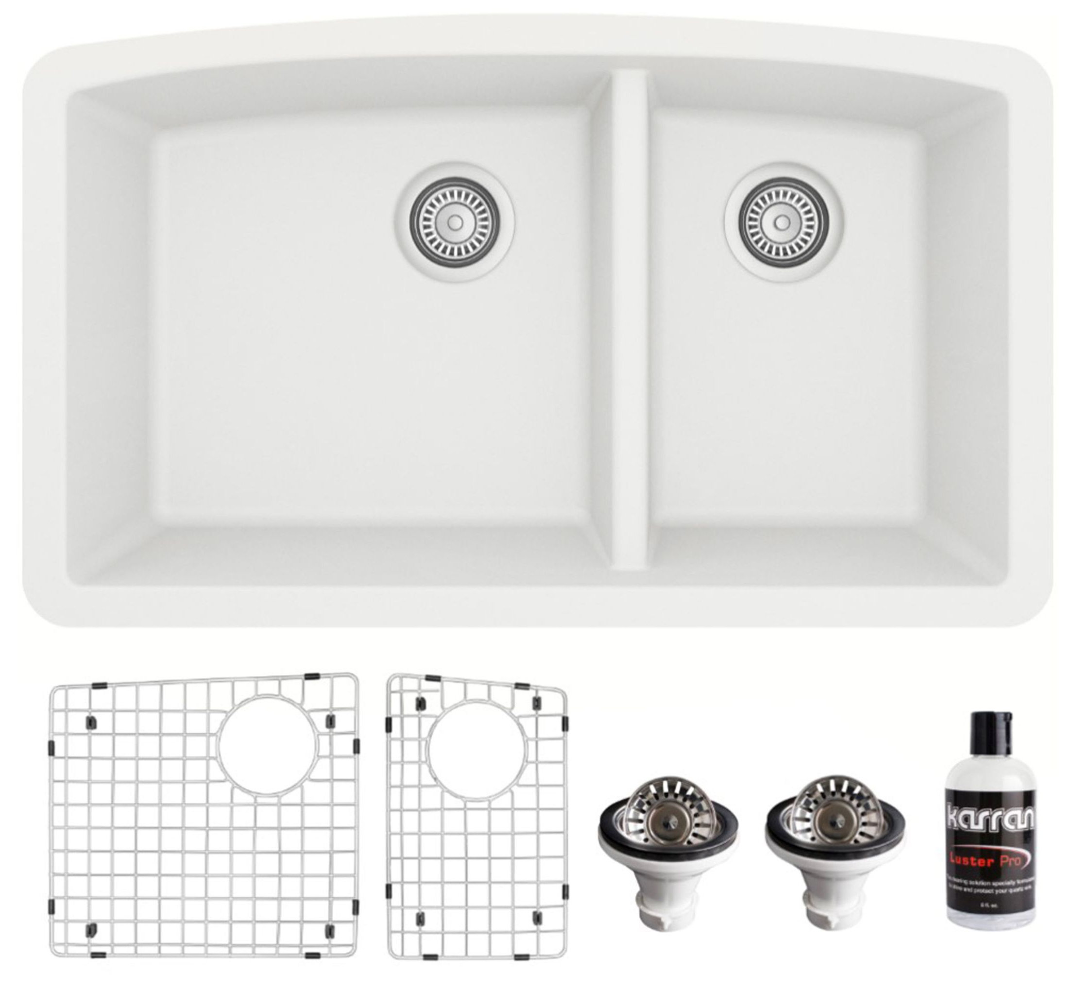 Karran Undermount Quartz 32" 60/40 Double Bowl Kitchen Sink Kit, White