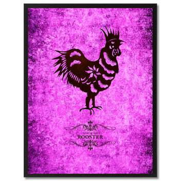 Rooster Chinese Zodiac Purple Print on Canvas with Picture Frame, 22"x29"