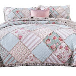 DaDa Bedding Collection - Blue Green Pastel Floral Cotton Patchwork Ruffle Quilted Bedspread Set, Queen - Enjoy our dainty country cottage designed and colorful patchwork bedspread for a brightened look in any room. Accented with diamond shaped floral patches and edged ruffle accents all over the bedspread in light blue/green, pink and white shades.