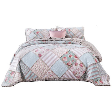 Blue Green Pastel Floral Cotton Patchwork Ruffle Quilted Bedspread Set, Queen