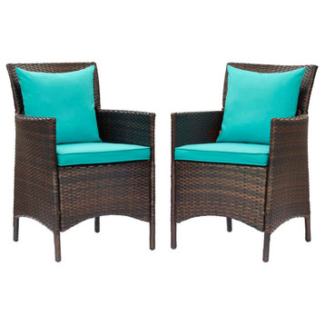 Side Dining Chair Armchair, Set of 2, Rattan, Wicker, Brown Blue, Outdoor