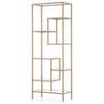 Four Hands - Helena Brass Bookcase,83" - Staggered shelves play across slim and simple antique brass-finished iron framework. Clear glass brings a glamorous air to an industrial design aesthetic.