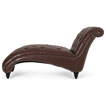 Meigs Varnell Contemporary Button Tufted Chaise Lounge, Dark Brown + Walnut