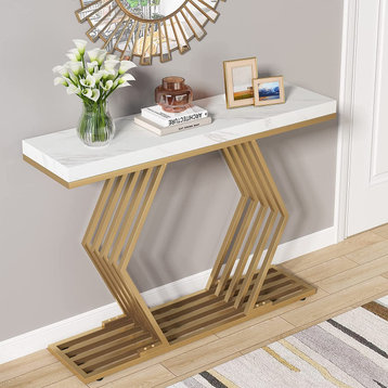 42 inches Modern Gold Console Table with Geometric Metal Base, White Faux Marble