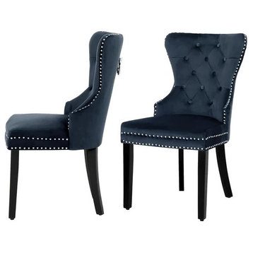 Set of 2 Dining Chair, Velvet Seat With Nailhead & Tufted Wingback, Navy Blue