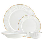 Godinger - Inventure Gold 16 Piece Dinnerware Set - A contemporary classic with a simple gold band that adds and understated elegance. Quality that's durability and versatility for every meal. 10.50D x 0.50H Dinner Plate, 7.50D x 0.50H Salad Plate, 8 oz 8.50D x 1.00H Soup Bowl, 12 oz 4.50D x 2.25H Dessert Bowl