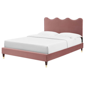 Platform Bed Frame, Queen Size, Pink, Velvet, Modern, Bedroom Guest Suite