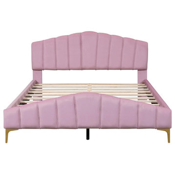 Elegant Platform Bed, Gold Feet & Channel Tufted Velvet Arched Headboard, Beige, Pink