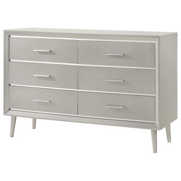 6 Drawers Dresser With Tapered Legs, Metallic Sterling
