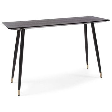 Modern Console Table, Angled Black Legs With Golden Caps & Dark Ash Wooden Top