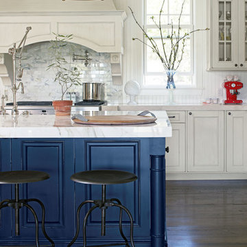 White Kitchen with Blue Island