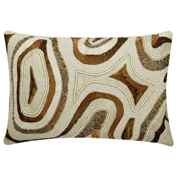 Ivory & Gold Silk 12"x16" Lumbar Pillow Cover Beaded & Agate - Agate Mystery
