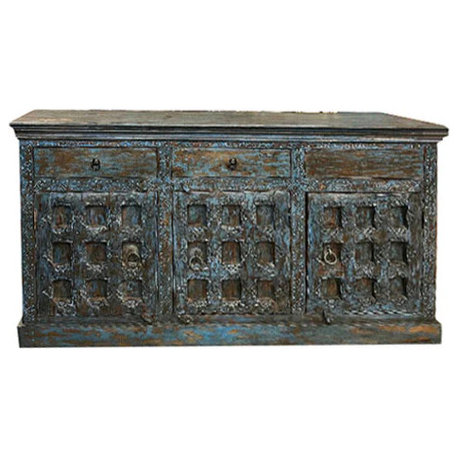 Consigned Rustic Credenza Carved Farmhouse Sideboard Kitchen Storage