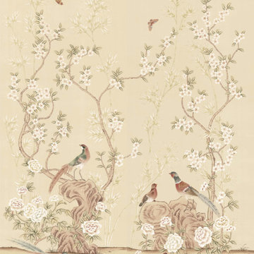 Chinoiserie Wall Mural Rafah Beige- Hand-painted on dyed silk