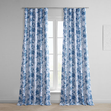 Blue Poppy Printed Linen Textured Room Darkening Curtain Single Panel, 50"x108"