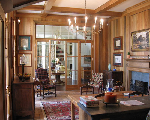 Esszimmer mit Kaminsims aus Beton und brauner Wandfarbe Ideen, Design