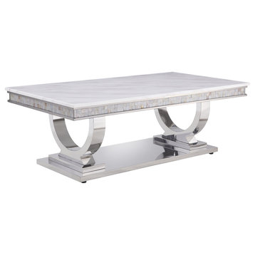 Zander Coffee Table, White Printed Faux Marble and Mirrored Silver Finish