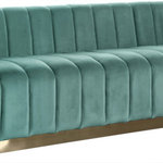 Meridian Furniture - Marlon Velvet Upholstered Sofa, Mint - Seat guests in the epitome of comfort and style with this Marlon velvet sofa. This piece is just the thing to showcase your modish style while ensuring total enjoyment from all who are lucky enough to relax on its channel tufted seats. The soft mint velvet upholstery adds a beautiful touch to your space and feels great against your skin while the brushed gold stainless steel base lends it a contemporary finish.