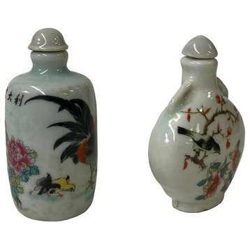2 x Chinese Porcelain Snuff Bottle With Flowers Birds Graphic Hws1240