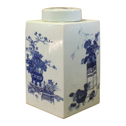 Chinese Blue White Square Porcelain Flower Graphic Accent Jar - Decorative Jars And Urns