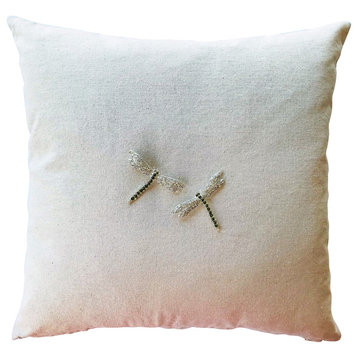 Natural Linen Spatkle Tan Pillow, Removable Decorating Pin, Dragonflies