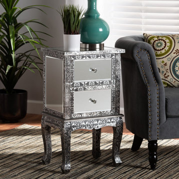 Contemporary End Table, Mirrored Design With Industrial Accents & 2 Drawers