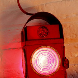 Scarlett Red Vintage Urban Up-cycled Industrial Road Workers / Railway Lantern - Table Lamps
