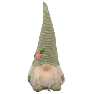 12.25" Lighted Green Spring Gnome with Flower Hat