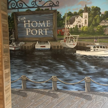 New England Harbor Town Mural, hand painted throughout a lower level