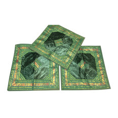 Mogulinterior - Set Of 3 Square Silk Cushion Cover Indian Sari Border Boho Green Pillow Cases - Pillowcases and Shams