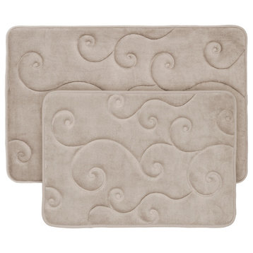 2 PC Memory Foam Bath Mats, Embossed Coral Fleece Top for Shower or Laundry, Taupe