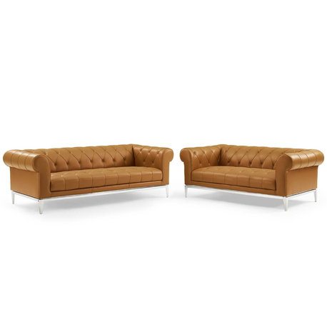 Idyll Tufted Upholstered Leather Sofa and Loveseat Set, Tan