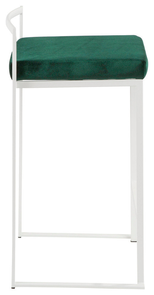 LumiSource Fuji Counter Stool Set of 2, Green Velvet Cushion, White Frame