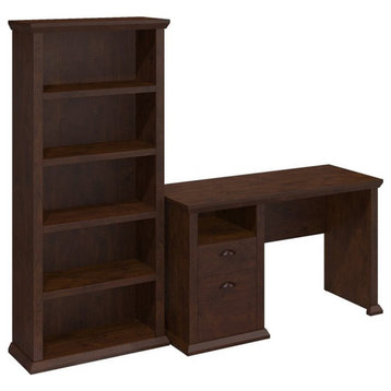 Pemberly Row Home Office Desk and Bookcase in Antique Cherry - Engineered Wood