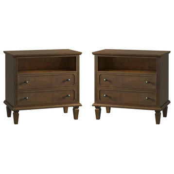 Transitional 2 Drawer Solid Wood Nightstand Set of 2, Walnut