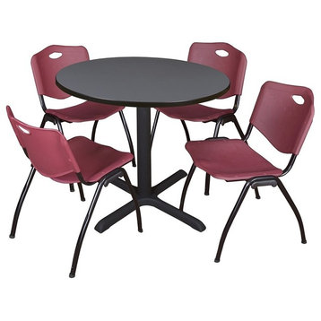 Cain 42" Round Breakroom Table, Gray and 4 'M' Stack Chairs, Burgundy