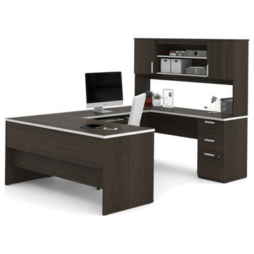 U-Shaped Desk With Hutch & Ample Storage Space, Dark Chocolate