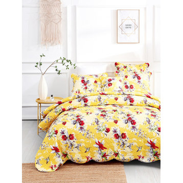 Radiant Sunshine Yellow Hummingbirds Floral Scalloped Bedspread Set, California