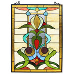 CHLOE Lighting - CHLOE Lighting Anthuriun Tiffany Floral Window Panel - This is a colorfully designed hanging window panel, featuring green, yellow, red and blue colors, giving off a very topical feel. This piece is created by the use of over 110 pieces of handcut, stained art glass and 1 amber colored glass bead. Each glass piece is wrapped in a fine copper foil, and soldered together at high heat. It is hand created using the same technique developed by Louis Comfort Tiffany in the early 1900's. Each panel is unique, and is sure to catch everyone's eye with it's gorgeous colors.